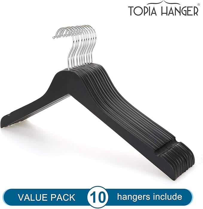 TOPIA HANGER Black Wooden Hangers, 0.28-inch Slim Wood Clothes Hanger with Flat Design and Smooth Notches, Lightweight Space Saving Hangers for Shirt, Coat, Camisole, 10 Pack-Matte Black, CT29B