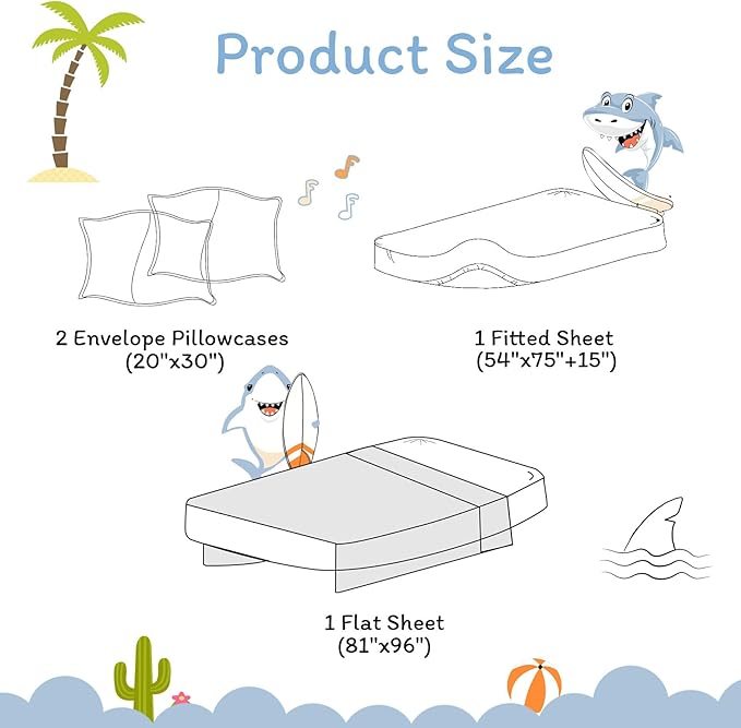 JSD Blue Shark Surfing Kids Sheet Set Full Size, 4 Piece Nautical Printed Microfiber Sheets Deep Pocket