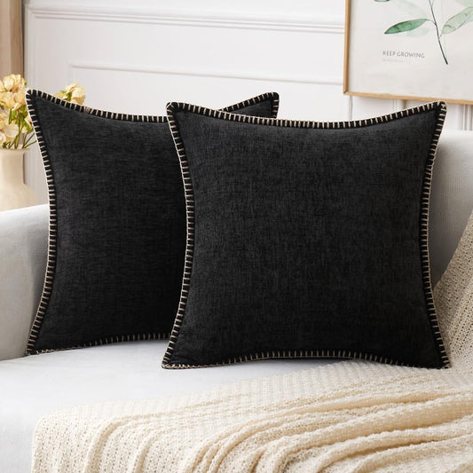 MIULEE Pack of 2 Couch Throw Pillow Covers 18x18 Inch Black Farmhouse Decorative Pillow Covers with Stitched Edge Soft Chenille Solid Dyed Spring Pillow Covers for Sofa Bed Living Room