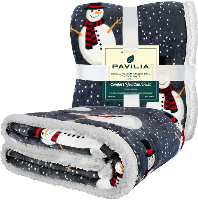 PAVILIA Premium Christmas Sherpa Throw Blanket, 50x60, Grey Snowman Cozy Fleece Holiday Blanket, Reversible Plush Winter Throw for Couch & Bed, Ultra Soft Warm