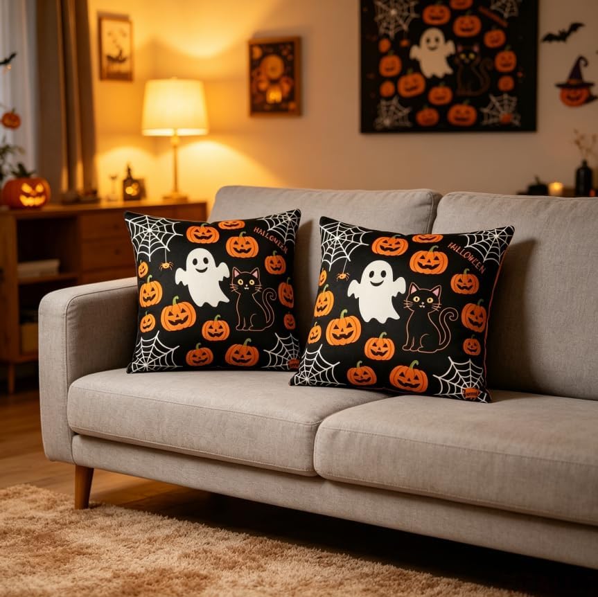 Halloween Throw Pillow Covers, Ghost Pumpkin Spider Web Black Cat Design - Image 7