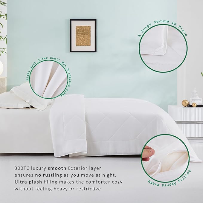 TOSMO Luxury Comforter, 100% Viscose from Bamboo Shell & Fill, Soft Breathable Cooling Silky Duvet Insert, Down Alternative Blanket for Restful Sleep (Queen, All Seasons White)