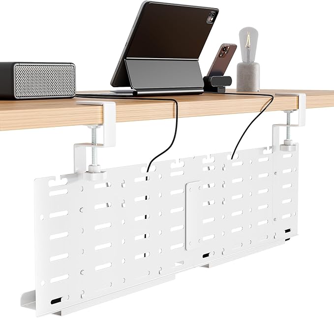 Under Desk Cable Management Tray, 30.2" Vertical Metal Pegboard Organizer for Power Strip, Cables, Clamp On Cord Organizer Rack with Hooks, Trays & Cable Straps for Home Office, White