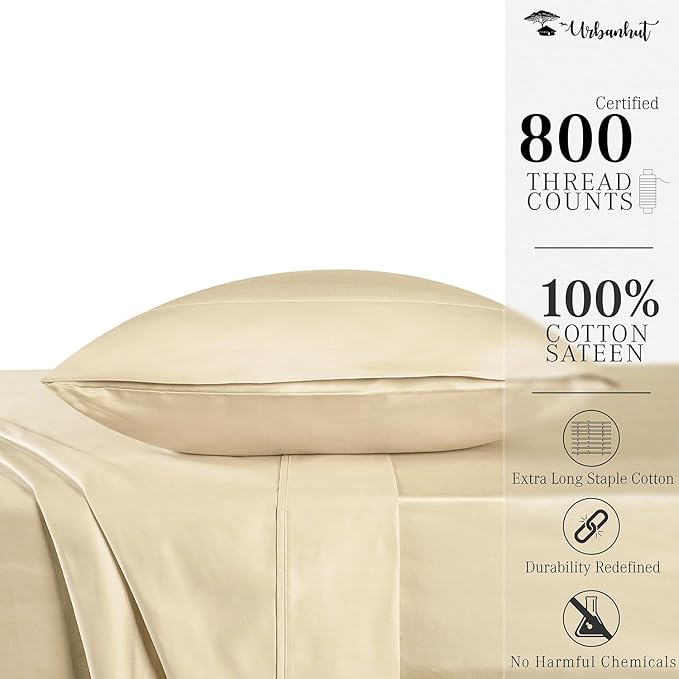 URBANHUT 800 Thread Count 100% Cotton Twin Size Sheets, Luxury 4 Piece Twin Bedsheets, Hotel Sheets Sateen Finish - Better Than Egyptian, 14" Elasticized Deep Pocket - Sand
