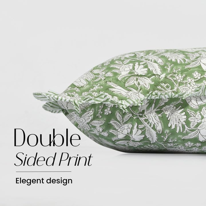 CPC Block Print Olive Green Ruffle Cotton Lumbar Pillow Cover 12x20 inch - Image 2