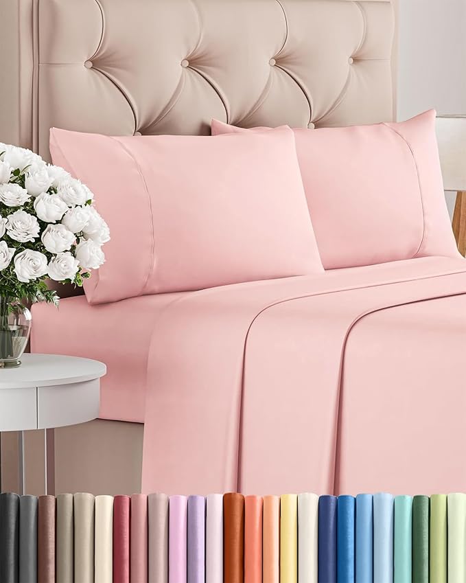 Twin XL 4 Piece Sheet Set - Cooling, Comfy & Breathable - Hotel Luxury Bedding, Includes Fitted Sheet for Women, Men, Kids & Teens - 1 Flat, 1 Fitted Sheet, 2 Pillowcases w/Deep Pockets - Baby Pink
