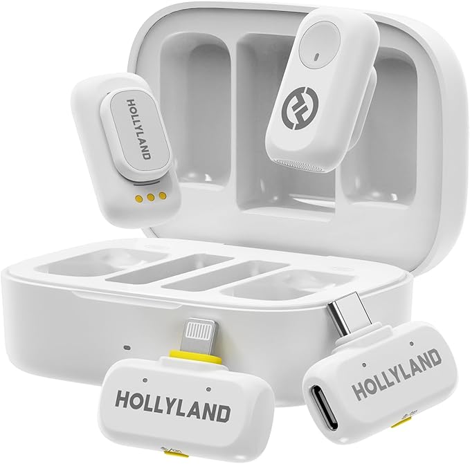 Hollyland Lark A1 Wireless Mini Microphone for iPhone & Android, 48kHz/24-bit, 3-Level Intelligent Noise Cancel, Microphone for YouTube, Podcast, Vlogging (White, 2TX + 2RX + Charging Case)