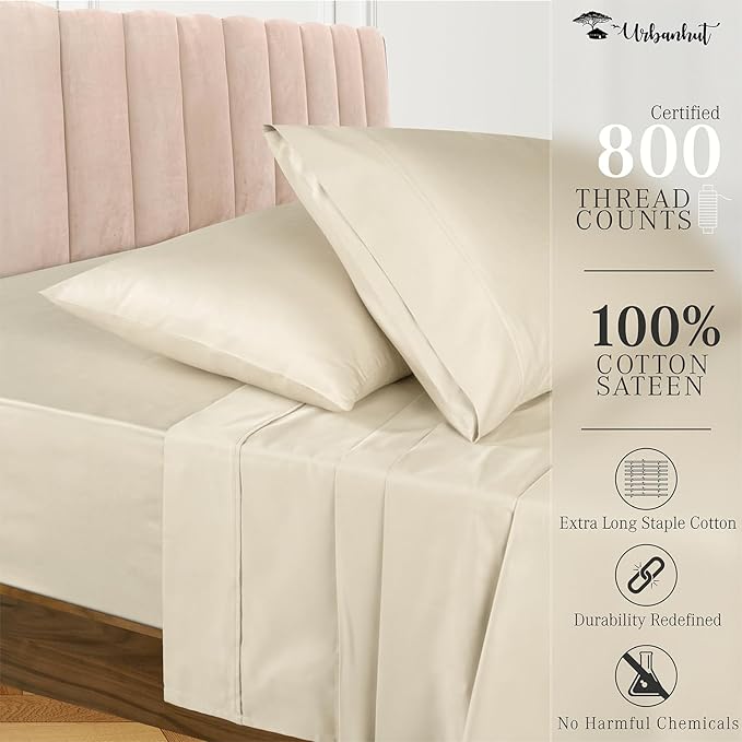 URBANHUT 800 Thread Count 100% Cotton Queen Size Sheets, Luxury 4 Piece Queen Bedsheets, Hotel Sheets Sateen Finish - Better Than Egyptian, 16" Elasticized Deep Pocket - Ivory