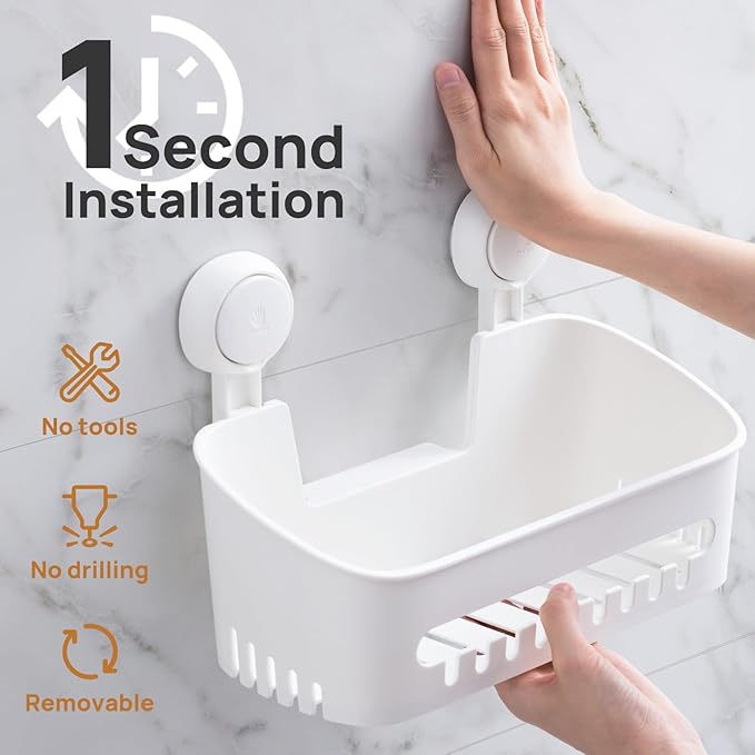LEVERLOC Shower Caddy Suction Cup Shelf Basket Pack of 2 One Second Installation Removable Powerful Suction Cup Bathroom Organizer Max Hold 22lbs Shower Storage Plastic
