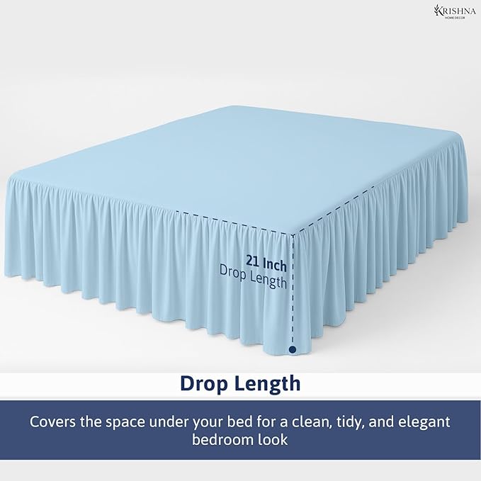 KRISHNA Ruffled Bed Skirt with Split Corners Full, 100% Microfiber Hotel Quality, 21 Inch Drop Dust Ruffle Gathered Bedskirt with Platform, 54" x 75", Light Blue