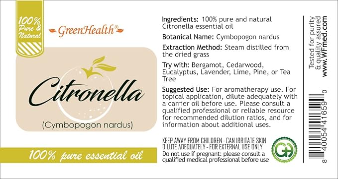 Citronella Essential Oil - 16 fl oz (473 ml) – 100% Pure Essential Oil - GreenHealth
