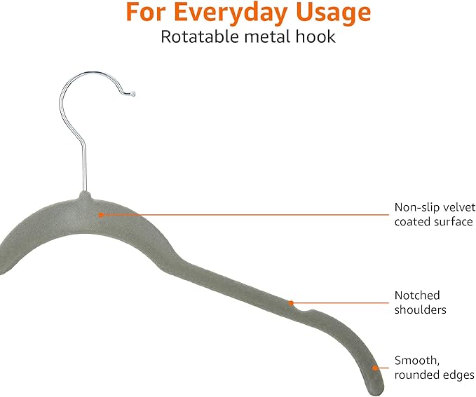 Amazon Basics Slim, Velvet, Non-Slip Shirt Clothes Hangers, Gray/Silver - Pack of 50