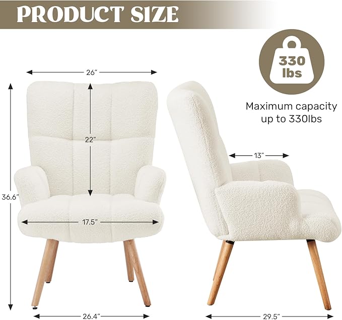 Joysoul Modern Accent Chair, High Back Arm Chair with Wood Legs Sofa Seat Teddy Fleece Fabric Reading Chair for Living Room Bedroom Waiting Room (White)
