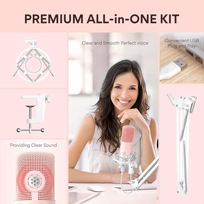 MAONO USB Microphone, 192kHz/24bit Plug & Play PC Computer Podcast Condenser Cardioid Metal Mic Kit with Professional Sound Chipset for Recording, Gaming, Singing, YouTube, AU-A04 Pink