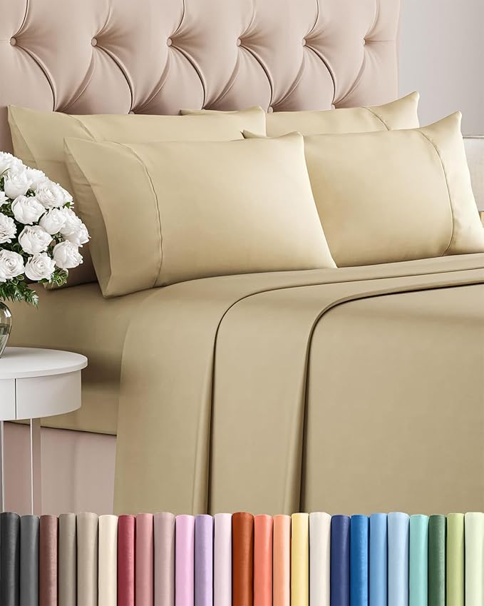Full 6 Piece Sheet Set - Cooling, Comfy & Breathable - Hotel Luxury Bedding, Includes Fitted Sheet for Women, Men, Kids and Teens - 1 Flat, 1 Fitted Sheet, 4 Pillowcases with Deep Pockets - Beige