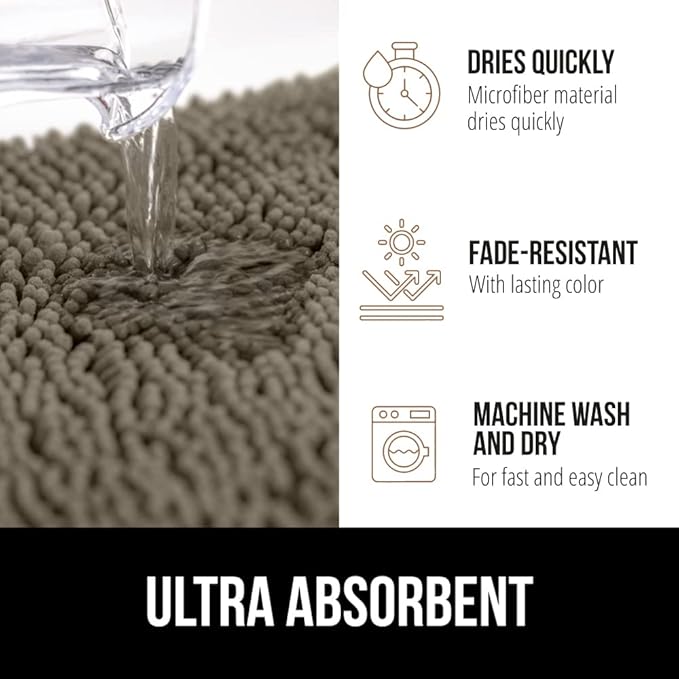 GORILLA GRIP Bath Rug Mat, Thick Soft Absorbent Chenille, Quick Dry Microfiber Mats, Rubber Backing Washable Shower Floor Rugs, Bathmat Runner, US Designed Bathroom Home Decor Accessories 24x17, Latte