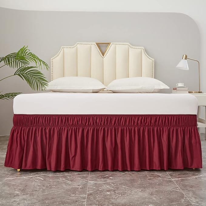 MEILA Wrap Around Bed Skirt Three Fabric Sides Elastic Dust Ruffled 16 Inch Tailored Drop,Easy to Install Fade Resistant-Burgundy, Twin/Full