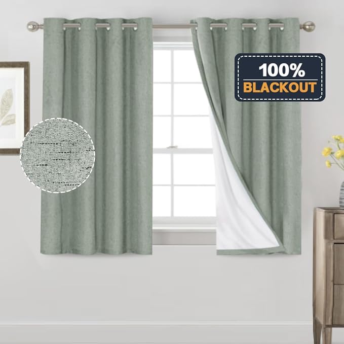 PrinceDeco 100% Blackout Curtains 54" Long Green Blackout Curtains for Bedroom Linen Texture Solid Thermal Insulated with White Liner Luxury Decor for Nursery 52x54 Inch (2 Panels)
