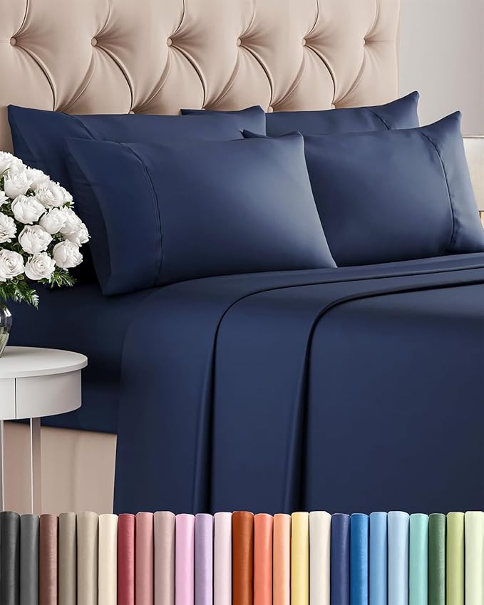 King 6 Piece Sheet Set - Cooling, Comfy & Breathable - Hotel Luxury Bedding, Includes Fitted Sheet for Women, Men, Kids & Teens - 1 Flat, 1 Fitted Sheet, 4 Pillowcases with Deep Pockets - Navy Blue