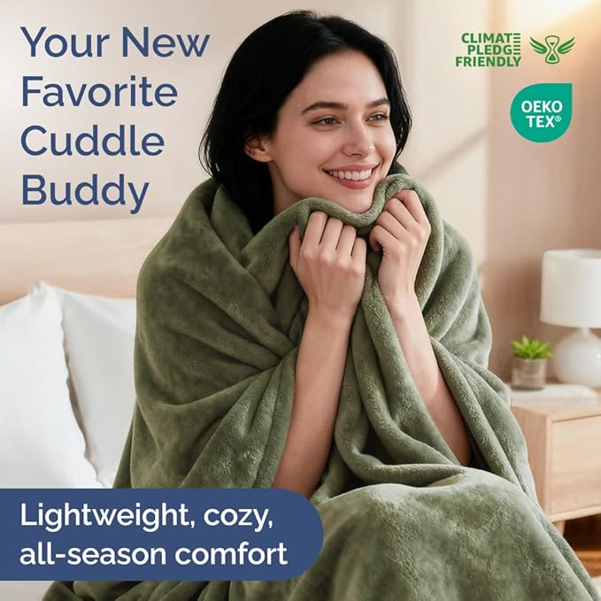 Ultra Soft Fleece Blanket King Size - Flannel Fleece Luxury King Blanket - Lightweight for Couch Bed Chair - Thick, Warm and Breathable - All Season Cozy Fuzzy, Anti-Static Microplush Bedding, Olive