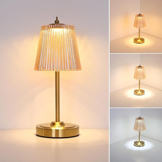 Small Table Lamp with 5200mAh Battery & Touch Control - 3 Adjustable Color Temperatures, Dimmable Rechargeable Table Lamps for Living Room, Bedroom, Bedside (Amber Stripe)