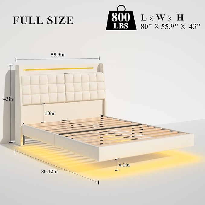 Full Size Floating Bed Frame with LED Lights & Charging Station, Upholstered Platform Bed with Hidden Storage Headboard & Shelves, Space-Saving Modern Bed for Bedroom & Apartment, Beige