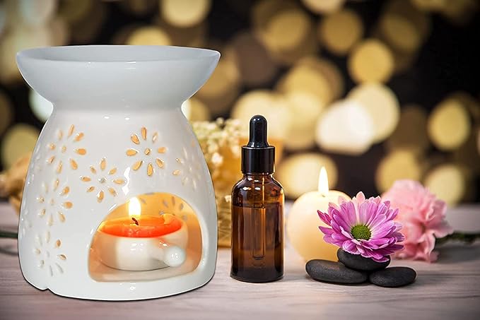 Ceramic Tea Light Holder, Aromatherapy Oil Burner, Wax Warmer, Tealight Holder with White Floral Pattern for Valentine's Day Gift