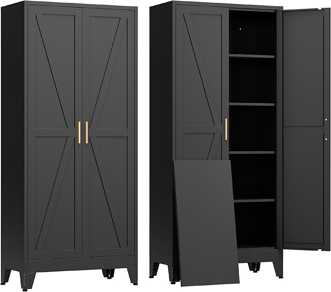 COFaR Black Farmhouse Storage Kitchen Pantry Cabinet with 2 Barn Door, 4 Adjustable Shelves and Legs, for Cupboard/Dining Room/Bathroom/Living Room/Office/Laundry Room (Black, 71" Farmhouse)