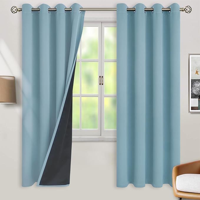 BGment Thermal Insulated 100% Blackout Curtains for Bedroom with Black Liner, Double Layer Full Room Darkening Noise Reducing Grommet Curtain (52 x 72 Inch, Greyish Blue, 2 Panels)