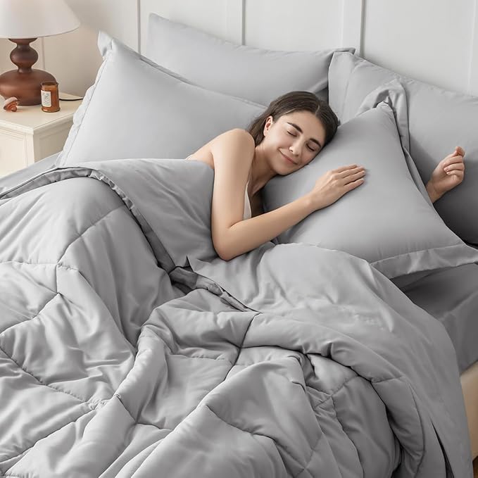 JOLLYVOGUE Twin Comforter Set, Ultra-Soft Bed in a Bag Twin Size 5 Pieces, Oeko-TEX Certified Bedding Set with Down Alternative Comforter, Sheets, Pillowcases & Shams, Light Grey