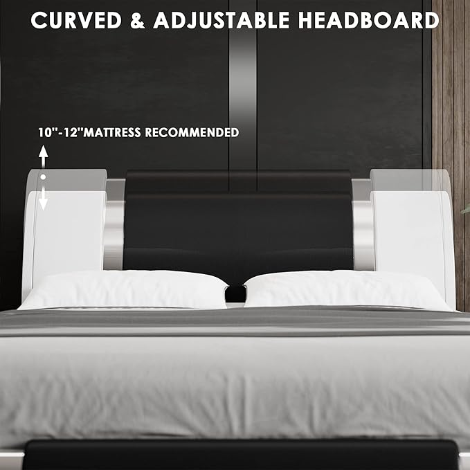 TTVIEW Modern Faux Leather Upholstered Platform Bed Frame with Iron Metal Decor, Adjustable Curved Headboard, Wooden Slats Support, No Box Spring Needed, Queen Size, Blackwhite