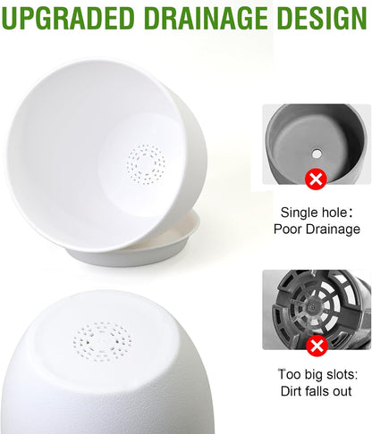 10/9/8 inch Medium Flower Pots, 3 Pack Modern Decorative Plastic Planters with Drainage Holes and Tray, Plant Pots for Indoor Outdoor Plants, White