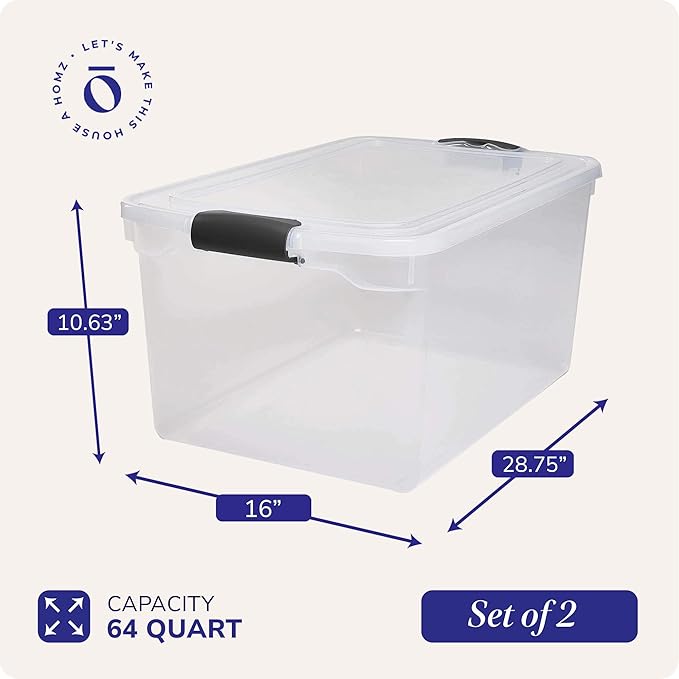 HOMZ 2-Pack Secure Latch, Clear Plastic Storage Organizer Bins, 64 Quart, Gray Latches - Stackable Container Boxes for Bedroom, Bathroom, Garage, and Office Organization
