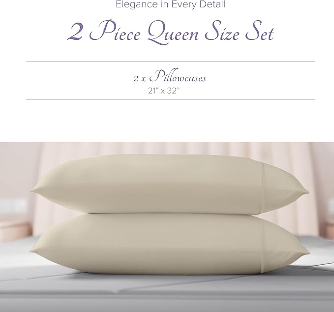 Carressa Linen 100% Egyptian Cotton Pillow Cases Queen Size Set of 2 - Luxury 600 Thread Count Sand Standard/Queen Size Pillowcases, Silky Soft, Cooling Sateen Weave Hotel Quality Bed Pillow Cover