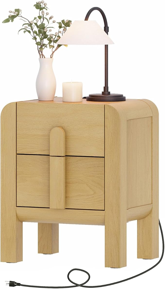 WAMPAT 23.7" Tall Modern Nightstand with Charging Station,Wood Bedside Table w/2 Storage Drawers,Curved Profile Design,Sofa Side Table End Table for Bedroom, Living Room, Oak