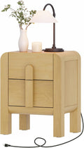 WAMPAT 23.7" Tall Modern Nightstand with Charging Station,Wood Bedside Table w/2 Storage Drawers,Curved Profile Design,Sofa Side Table End Table for Bedroom, Living Room, Oak