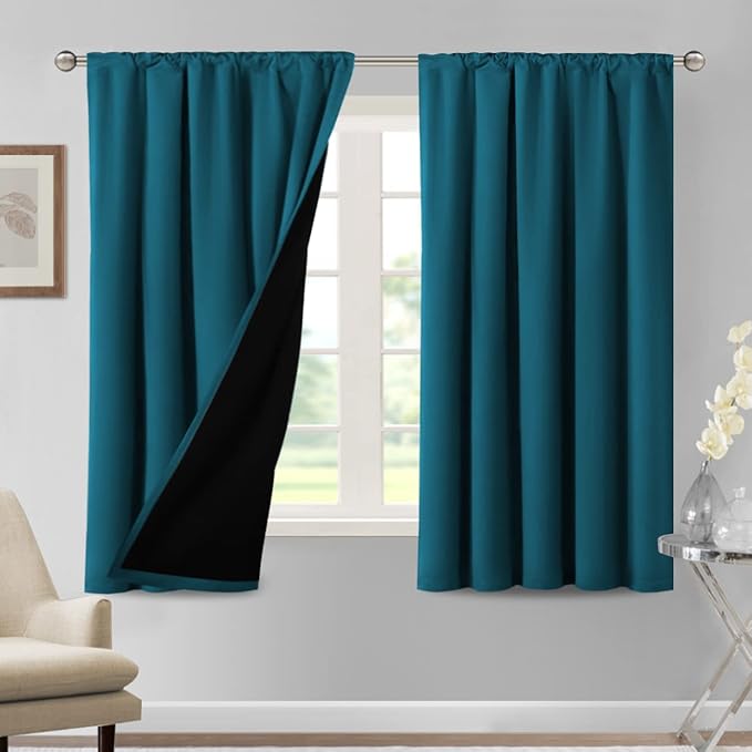 H.VERSAILTEX 100% Blackout Curtains for Bedroom Thermal Insulated Curtains & Drapes Blackout Curtains 63 Inches Long Rod Pocket Curtains for Living Room with Black Liner 2 Panels Set, Dark Teal