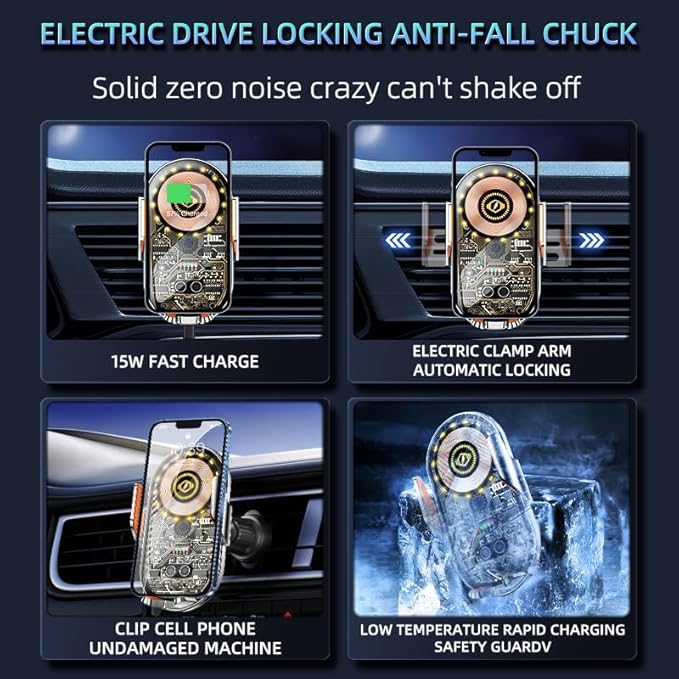 Car Phone Holder, Wireless Car Charger Air Vent Auto-Clamp Cell Phone Car Mount with Metal Hook Clip, 360° Rotation - One Button Release for iPhone, Samsung, Google, and All Other Smartphones