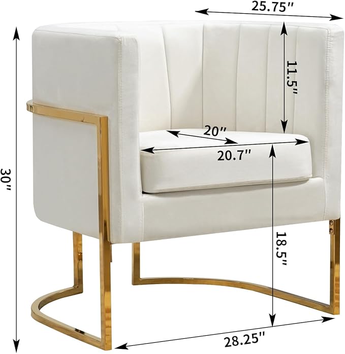 Velvet Modern Accent Chair, Upholstered Barrel Armchair Mid Century with Pillow for Living Room, Comfy Single Vanity Chair with Metal Gold Legs for Bedroom, White
