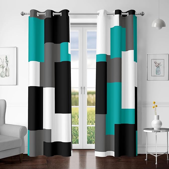 Teal/Turquoise 100% Blackout Curtains for Bedroom 84 inch Length 2 Panels Set White Grey Modern Abstract Geometric Black Out Curtains Room Darkening Window Drapes for Living Room, 42Wx84L