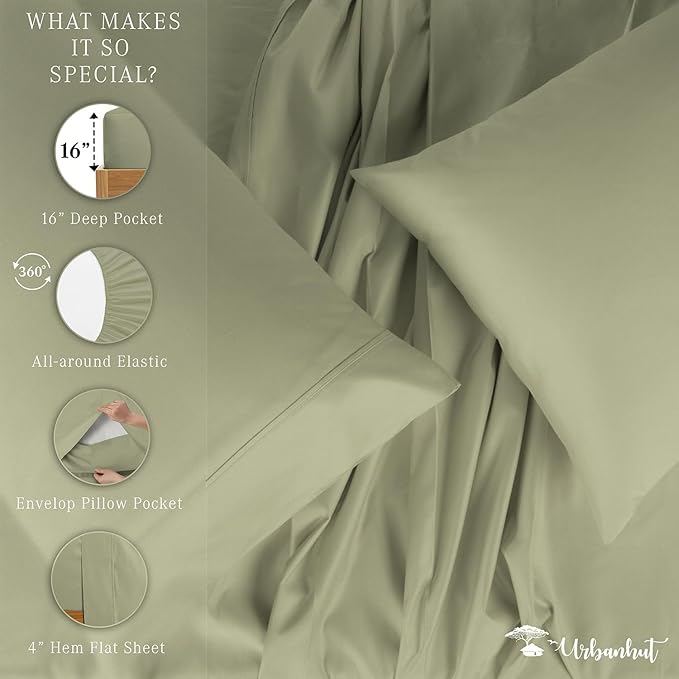 URBANHUT 800 Thread Count 100% Cotton Queen Size Sheets, Luxury 4 Piece Queen Bedsheets, Hotel Sheets Sateen Finish - Better Than Egyptian, 16" Elasticized Deep Pocket - Sage