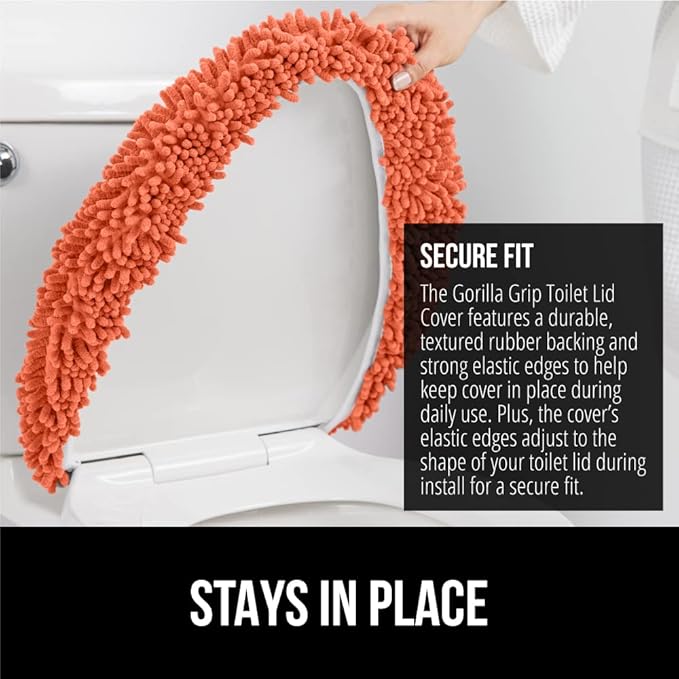 GORILLA GRIP Soft Chenille Bathroom Toilet Lid Cover, Machine Washable Seat Covers, 19.5x18.5, Stays in Place Rubber Backing, Fits Most Round, Elongated and Oblong Lids, Accessories Decor, Coral