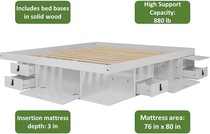 memomad Bali Storage Platform Bed with Drawers (King Size, Off White)