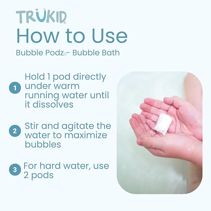 TruKid Bubble Podz Bubble Bath for Kids, Toddlers, & Babies, Tear Free Gentle & Refreshing Bath Bomb for Sensitive Skin with Natural Moisturizers, Non-Toxic, pH Balanced, Yumberry Scent (10 Podz)