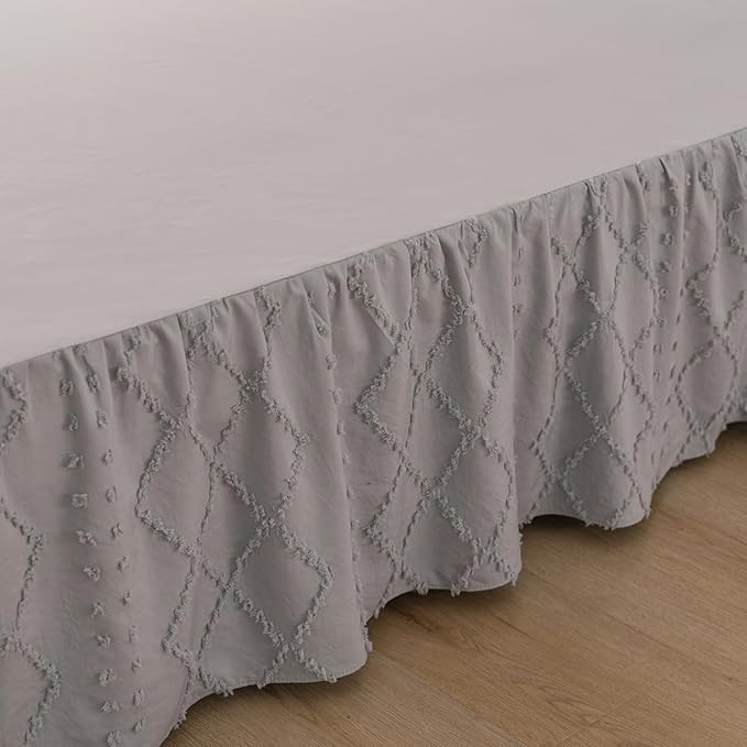 Bed Skirt King Size Ruffled Bed Skirt with Split Corners, 14 Inch Drop Dust Ruffle Bed Skirts with Platform, Boho Tufted Shabby Chic Full Size Bed Skirts, Light Grey