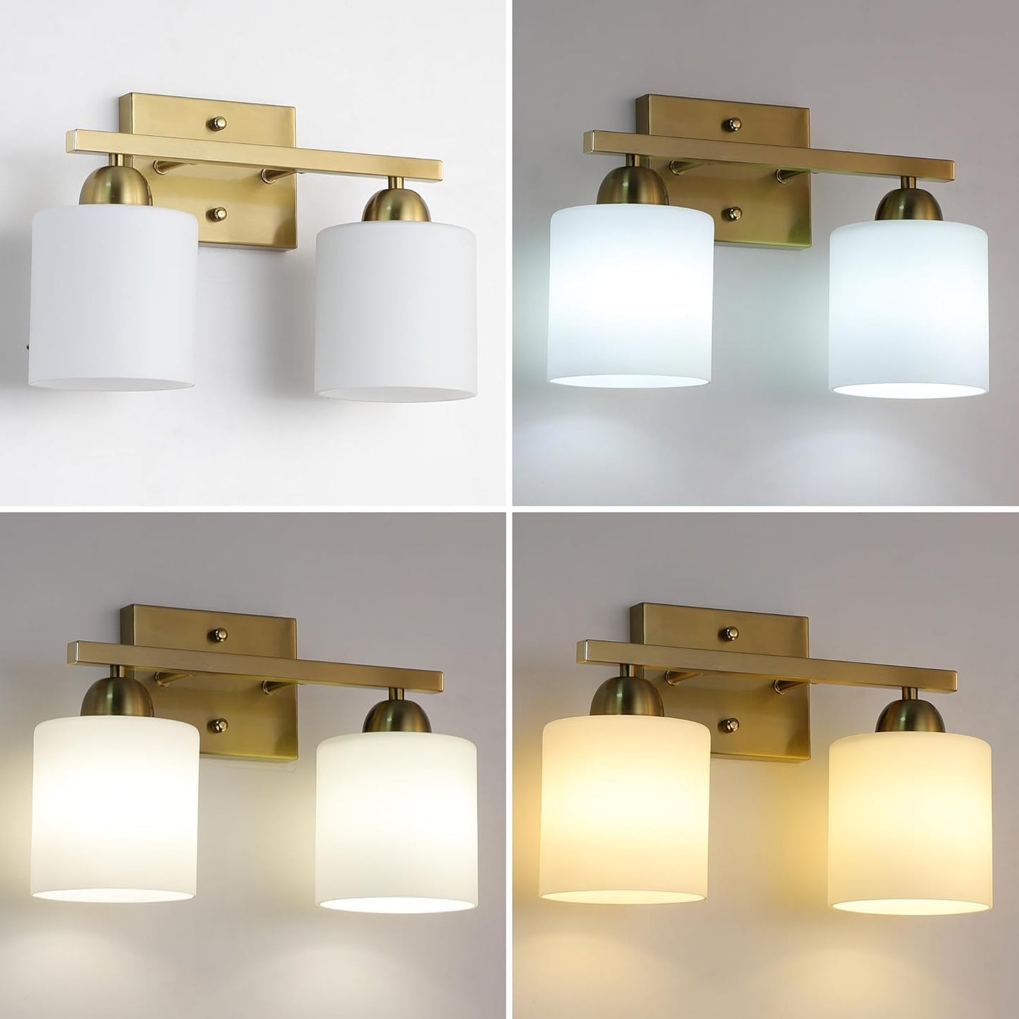 Stainless Steel Milk Glass Vanity Lights for Bathroom, 2 Light Gold Bathroom Light Fixtures Over Mirror, Ceramic E26 Sockets Wall Mounted