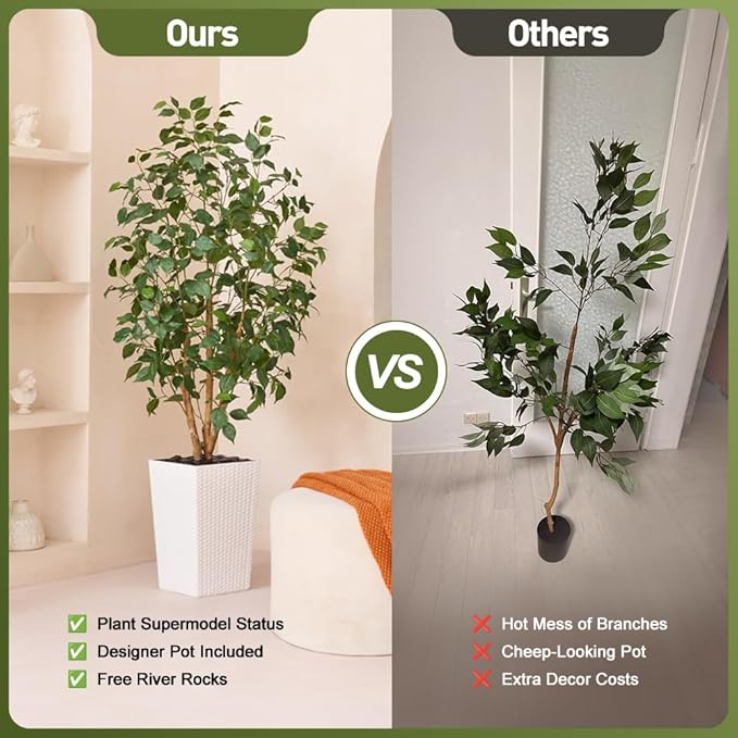 5ft Artificial Ficus Tree,Tall Faux Tree with Pebbles & Planter UV Resistant Potted Fake Plant with Silk Leaves & Real Wood Trunk,Indoor Outdoor Floor Plant for Home,Living Room,VN129