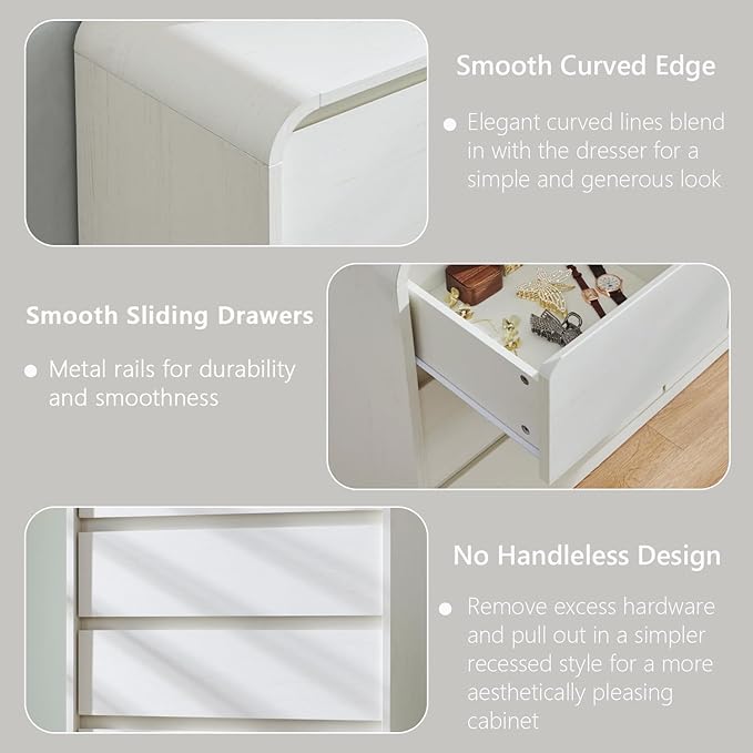 Modern 6 Drawers Dresser for Bedroom, 47" Wide Wood Dressers & Chests of Drawers with Curved Profile Design, Mid Century Modern Dresser for Closet for Bedroom, Living Room, Antique White