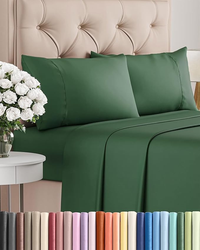 Twin 4 Piece Sheet Set - Cooling, Comfy & Breathable - Hotel Luxury Bedding, Includes Fitted Sheet for Women, Men, Kids and Teens - 1 Flat, 1 Fitted Sheet, 2 Pillowcases with Deep Pockets - Emerald