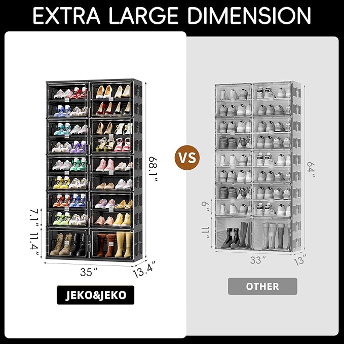 JEKO&JEKO 9 Tiers Foldable Boot Storage Shoe Rack Cabinet for Closet Entryway, Large Collapsible Shoe Organizer with Magnetic Doors (Black)